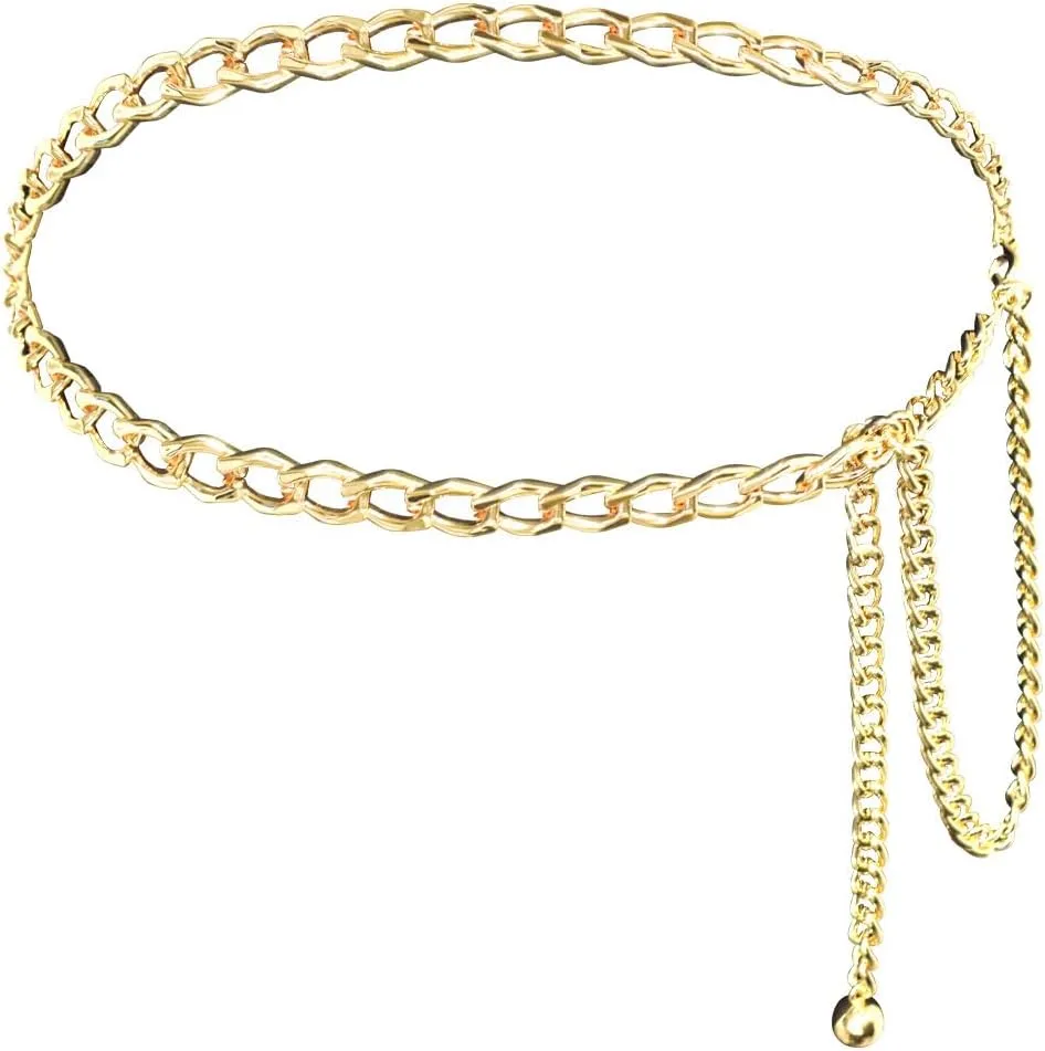 Gold Waist Chain Belt for Women, Adjustable Fashion Metal Body Link Belts for Jeans Dresses