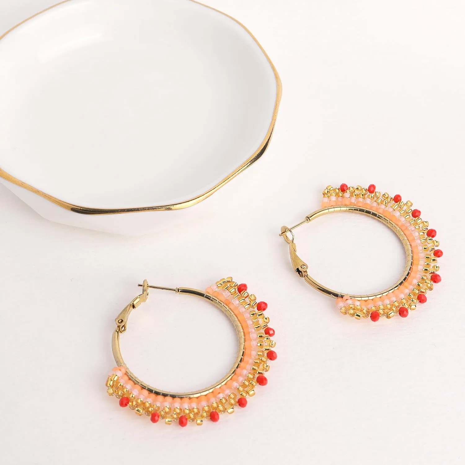 Handmade Boho Beaded Large Gold Hoop Earrings for Women, Statement Colorful Handwoven Bohemian Seed Beads Huggie Earrings Cartilage Hypoallergenic Prom Holiday Jewelry Gift