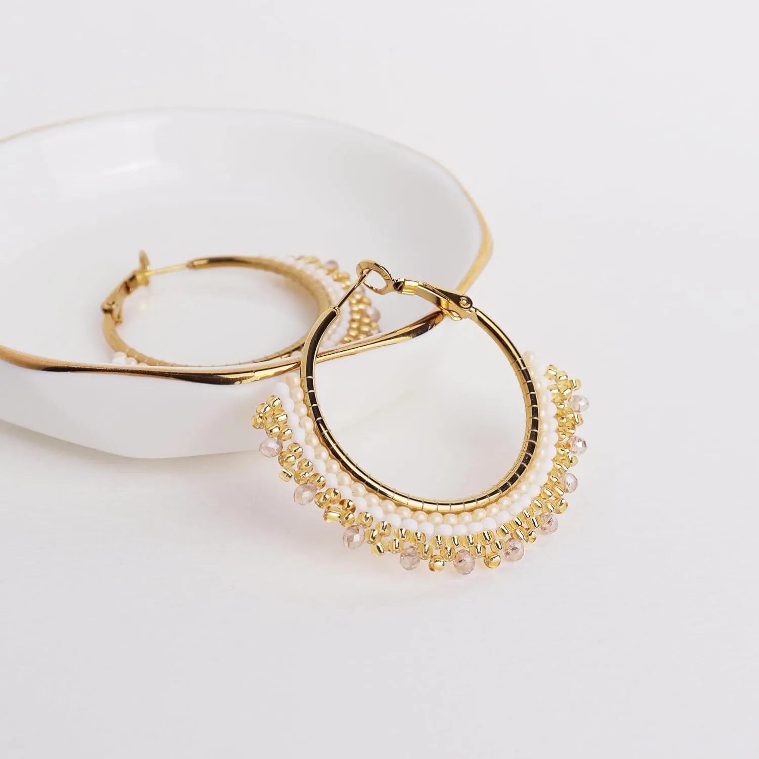 Handmade Boho Beaded Large Gold Hoop Earrings for Women, Statement Colorful Handwoven Bohemian Seed Beads Huggie Earrings Cartilage Hypoallergenic Prom Holiday Jewelry Gift