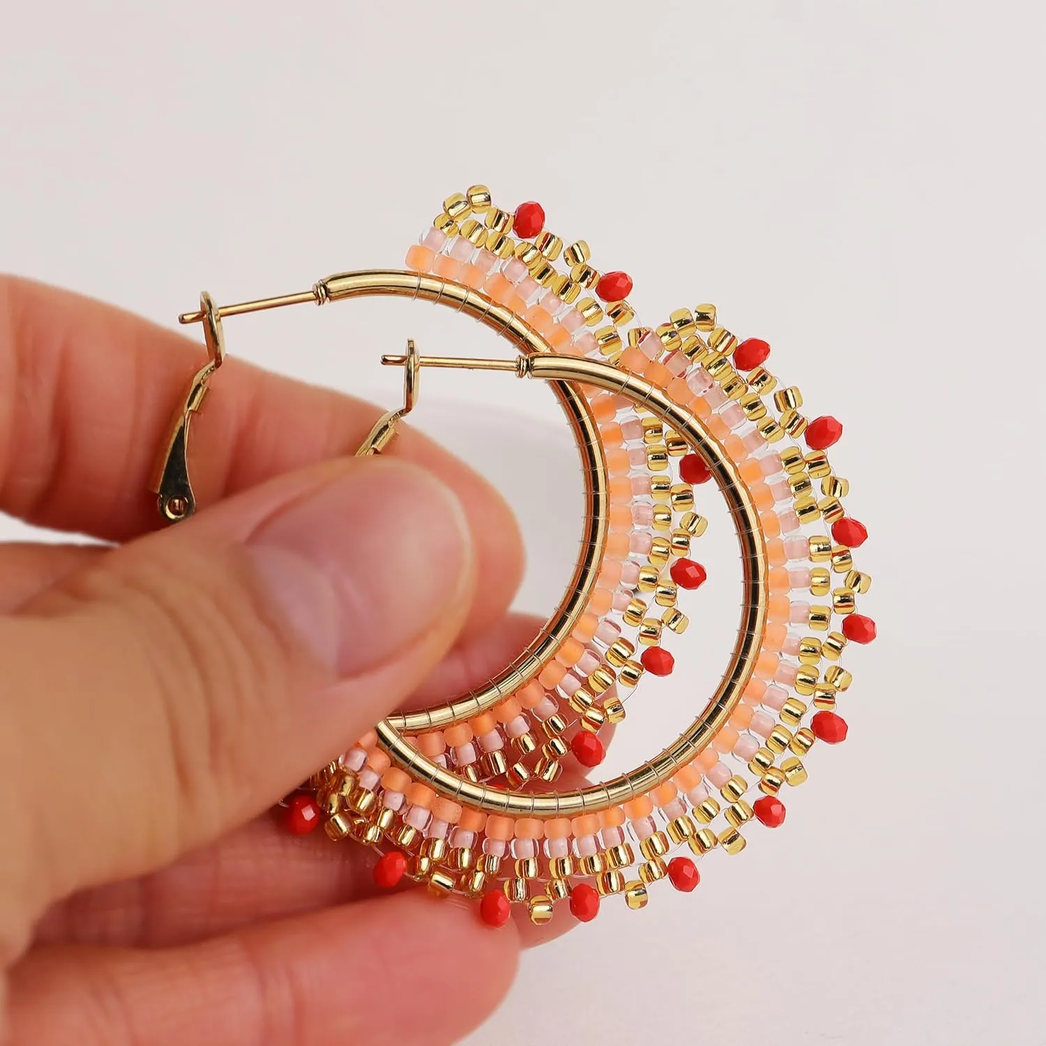 Handmade Boho Beaded Large Gold Hoop Earrings for Women, Statement Colorful Handwoven Bohemian Seed Beads Huggie Earrings Cartilage Hypoallergenic Prom Holiday Jewelry Gift