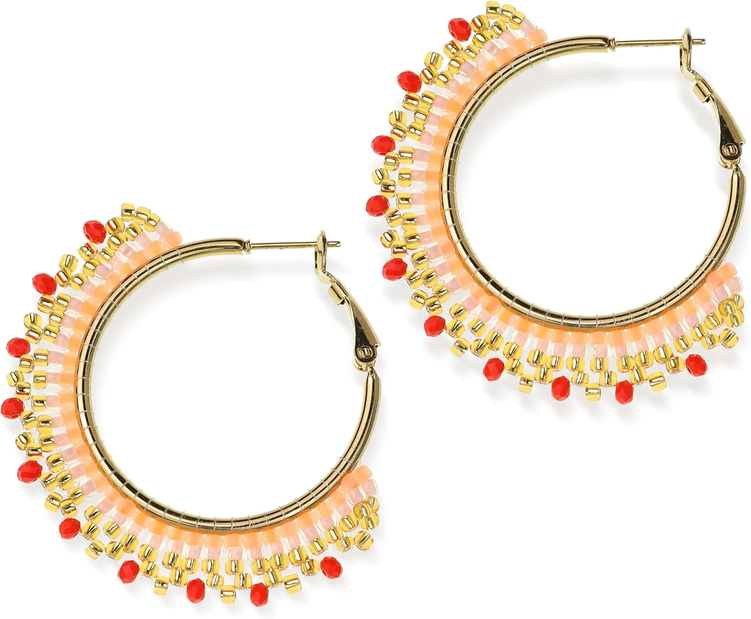 Handmade Boho Beaded Large Gold Hoop Earrings for Women, Statement Colorful Handwoven Bohemian Seed Beads Huggie Earrings Cartilage Hypoallergenic Prom Holiday Jewelry Gift