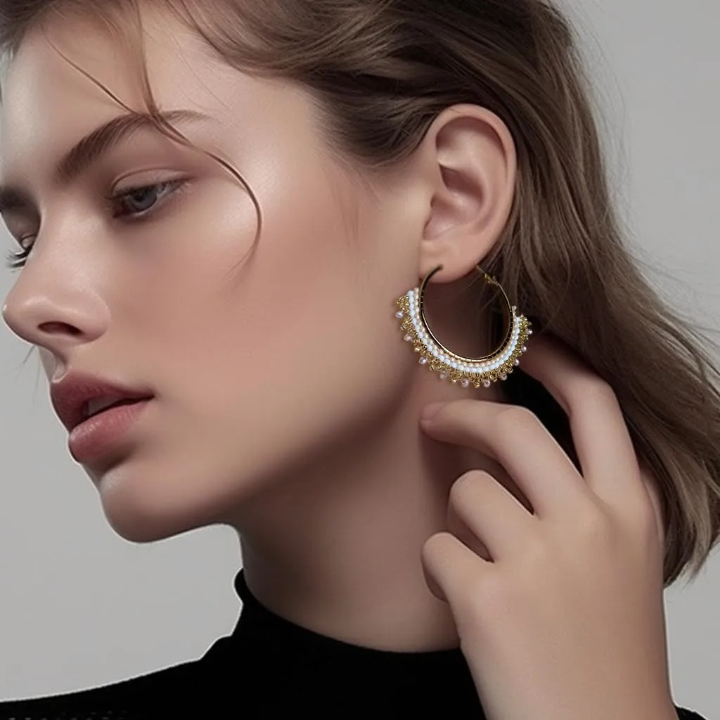 Handmade Boho Beaded Large Gold Hoop Earrings for Women, Statement Colorful Handwoven Bohemian Seed Beads Huggie Earrings Cartilage Hypoallergenic Prom Holiday Jewelry Gift