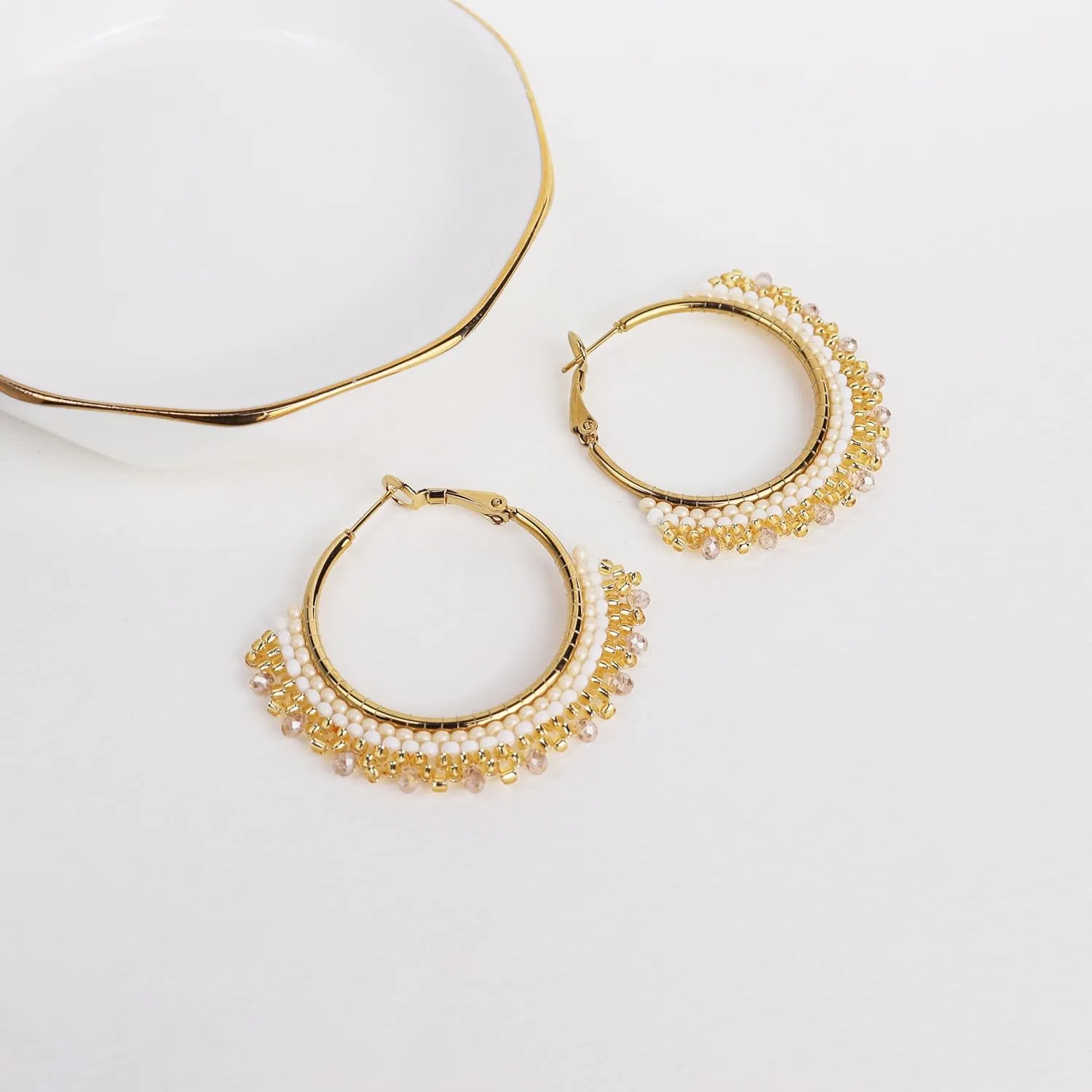 Handmade Boho Beaded Large Gold Hoop Earrings for Women, Statement Colorful Handwoven Bohemian Seed Beads Huggie Earrings Cartilage Hypoallergenic Prom Holiday Jewelry Gift