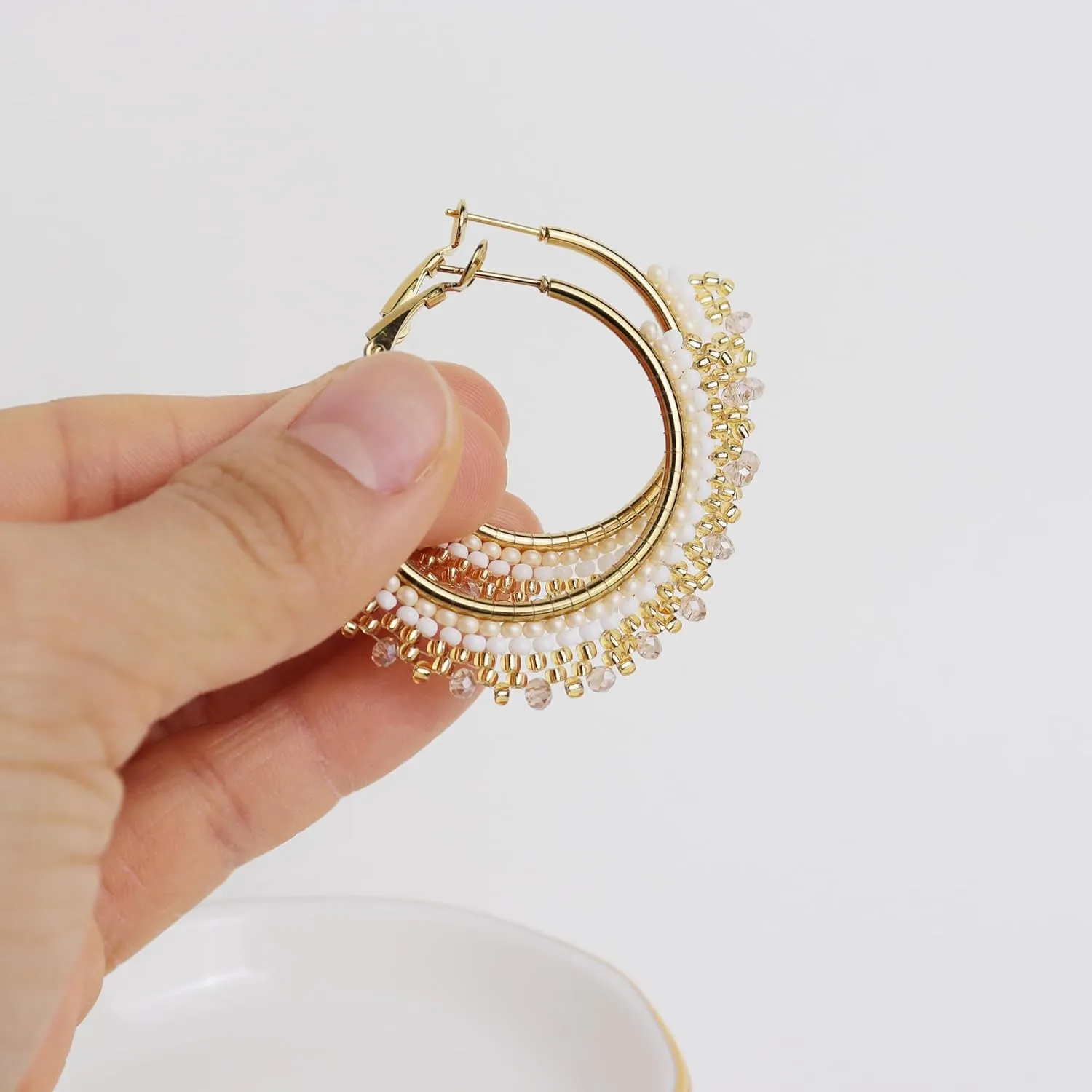 Handmade Boho Beaded Large Gold Hoop Earrings for Women, Statement Colorful Handwoven Bohemian Seed Beads Huggie Earrings Cartilage Hypoallergenic Prom Holiday Jewelry Gift