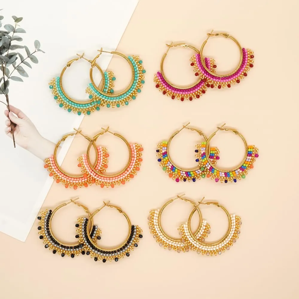 Handmade Boho Beaded Large Gold Hoop Earrings for Women, Statement Colorful Handwoven Bohemian Seed Beads Huggie Earrings Cartilage Hypoallergenic Prom Holiday Jewelry Gift