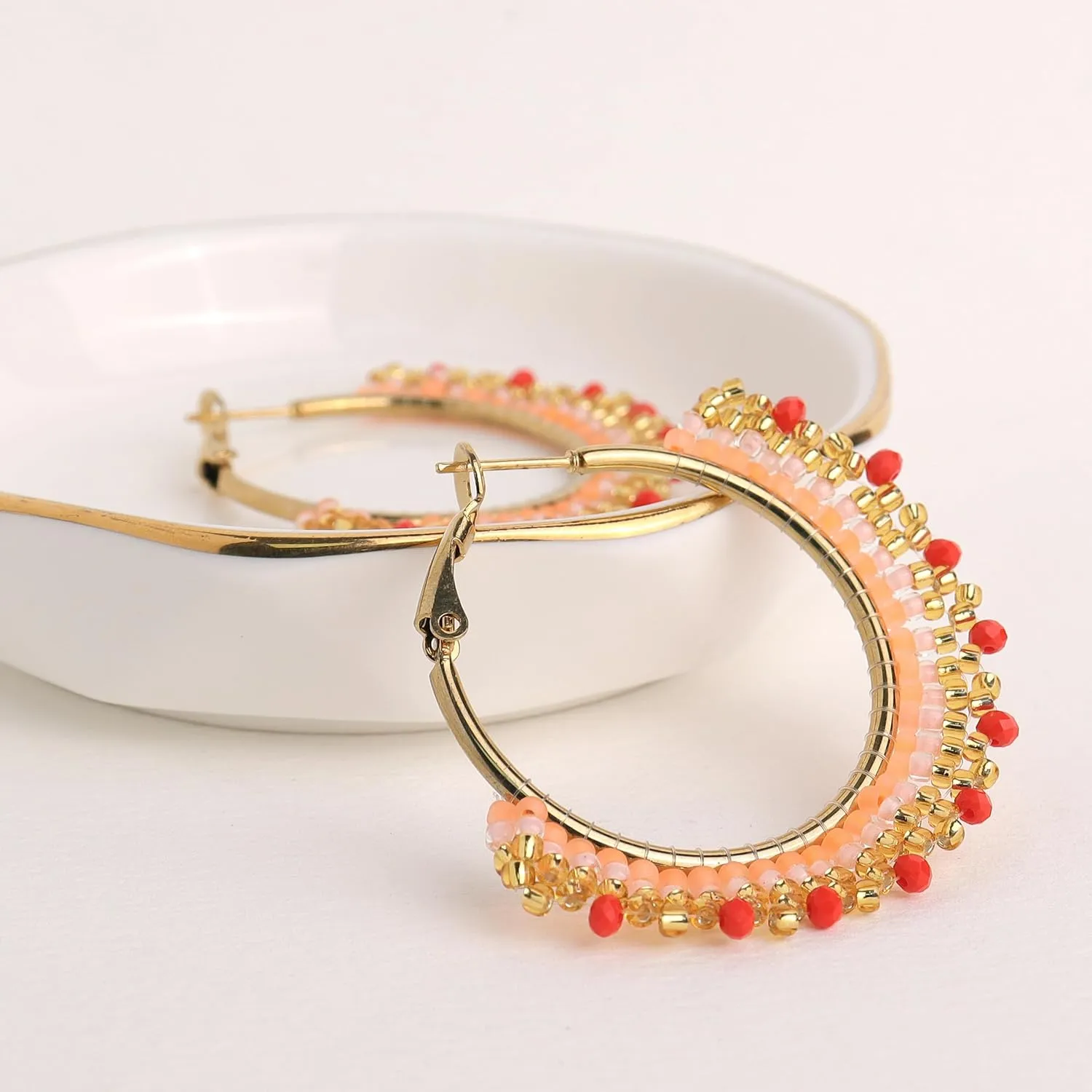Handmade Boho Beaded Large Gold Hoop Earrings for Women, Statement Colorful Handwoven Bohemian Seed Beads Huggie Earrings Cartilage Hypoallergenic Prom Holiday Jewelry Gift