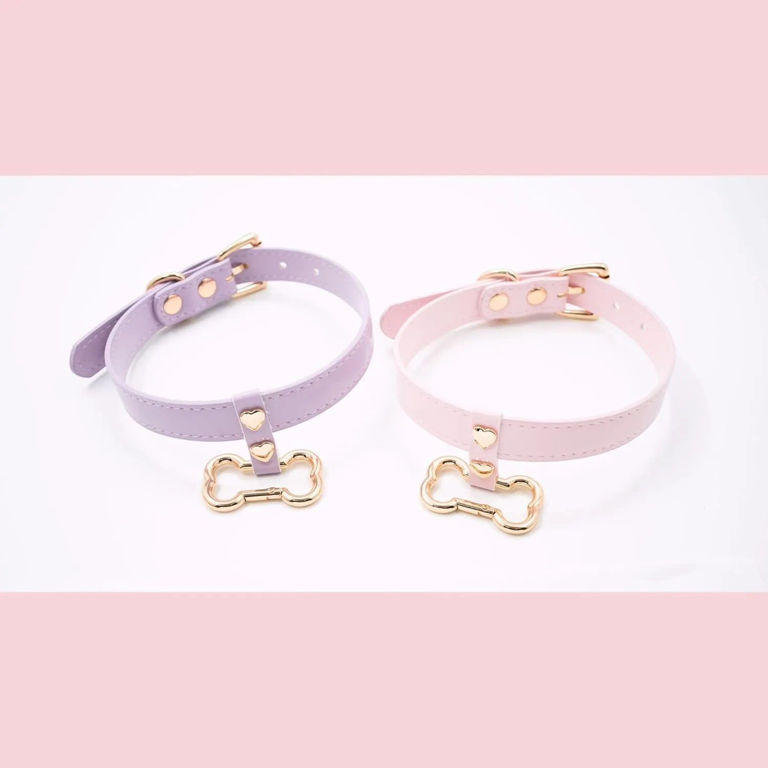 Handmade Bone Ring Leather Choker Collar For Women, Cute Pastel Pink Choker Necklace with Bone Shaped Pendant and Heart Rivets