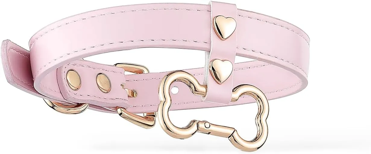 Handmade Bone Ring Leather Choker Collar For Women, Cute Pastel Pink Choker Necklace with Bone Shaped Pendant and Heart Rivets