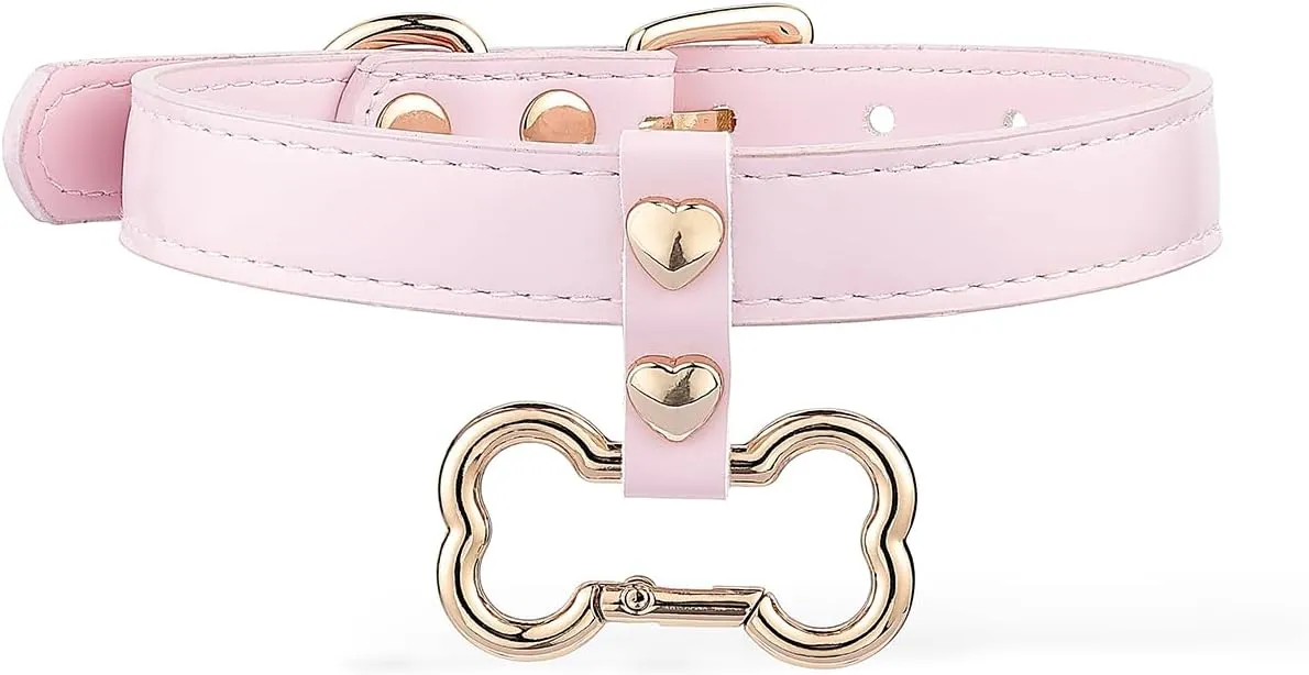 Handmade Bone Ring Leather Choker Collar For Women, Cute Pastel Pink Choker Necklace with Bone Shaped Pendant and Heart Rivets