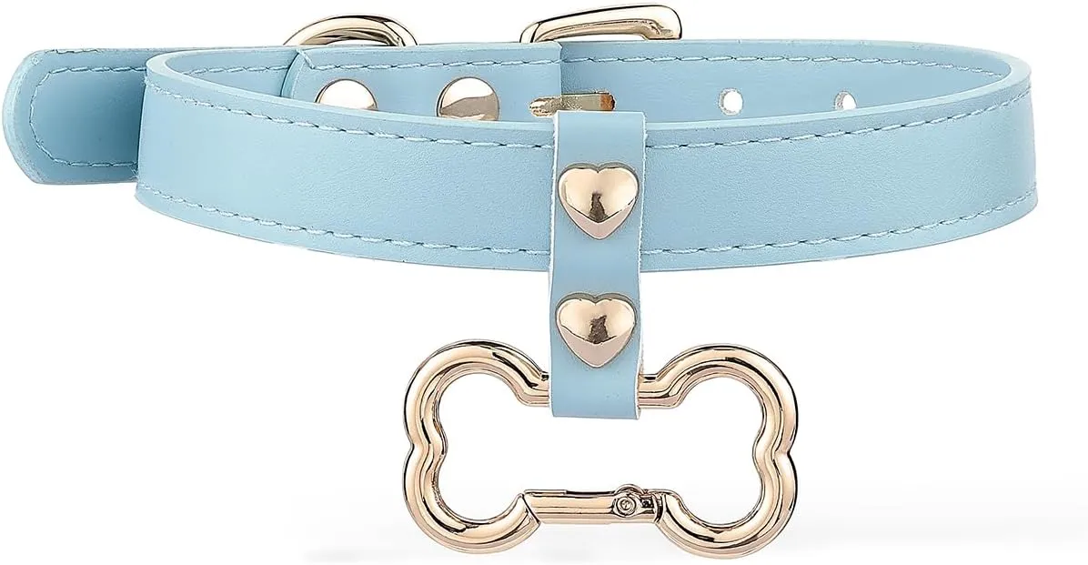 Handmade Bone Ring Leather Choker Collar For Women, Cute Pastel Pink Choker Necklace with Bone Shaped Pendant and Heart Rivets