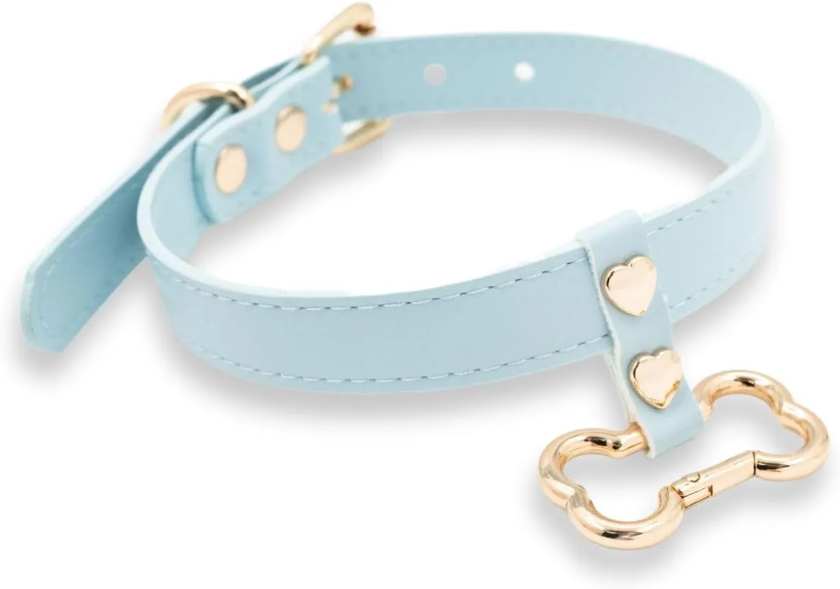 Handmade Bone Ring Leather Choker Collar For Women, Cute Pastel Pink Choker Necklace with Bone Shaped Pendant and Heart Rivets