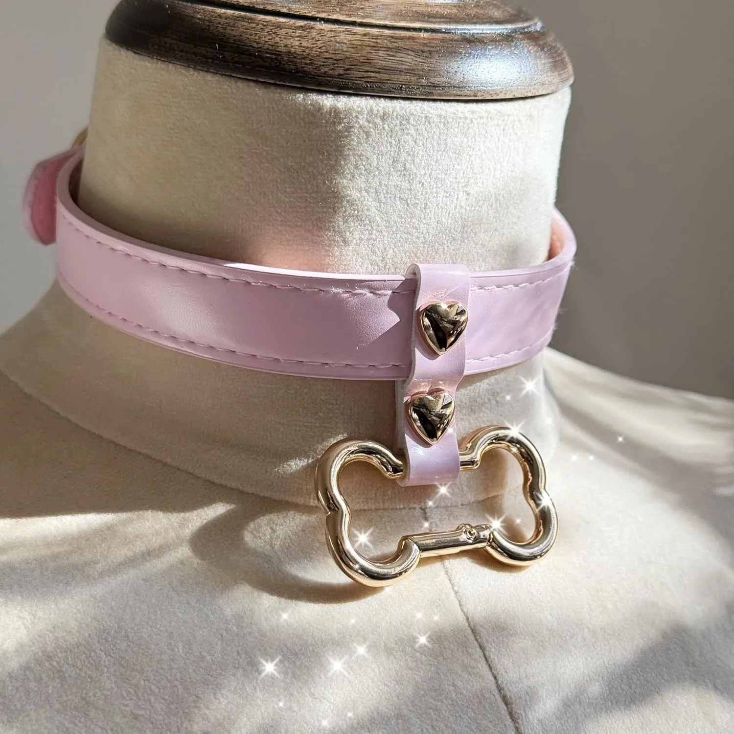 Handmade Bone Ring Leather Choker Collar For Women, Cute Pastel Pink Choker Necklace with Bone Shaped Pendant and Heart Rivets