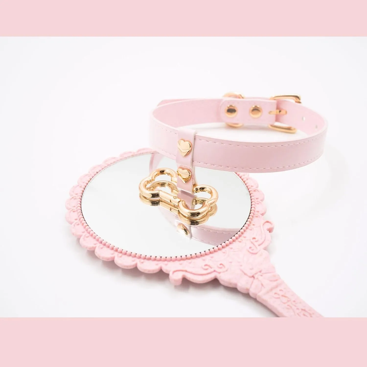 Handmade Bone Ring Leather Choker Collar For Women, Cute Pastel Pink Choker Necklace with Bone Shaped Pendant and Heart Rivets