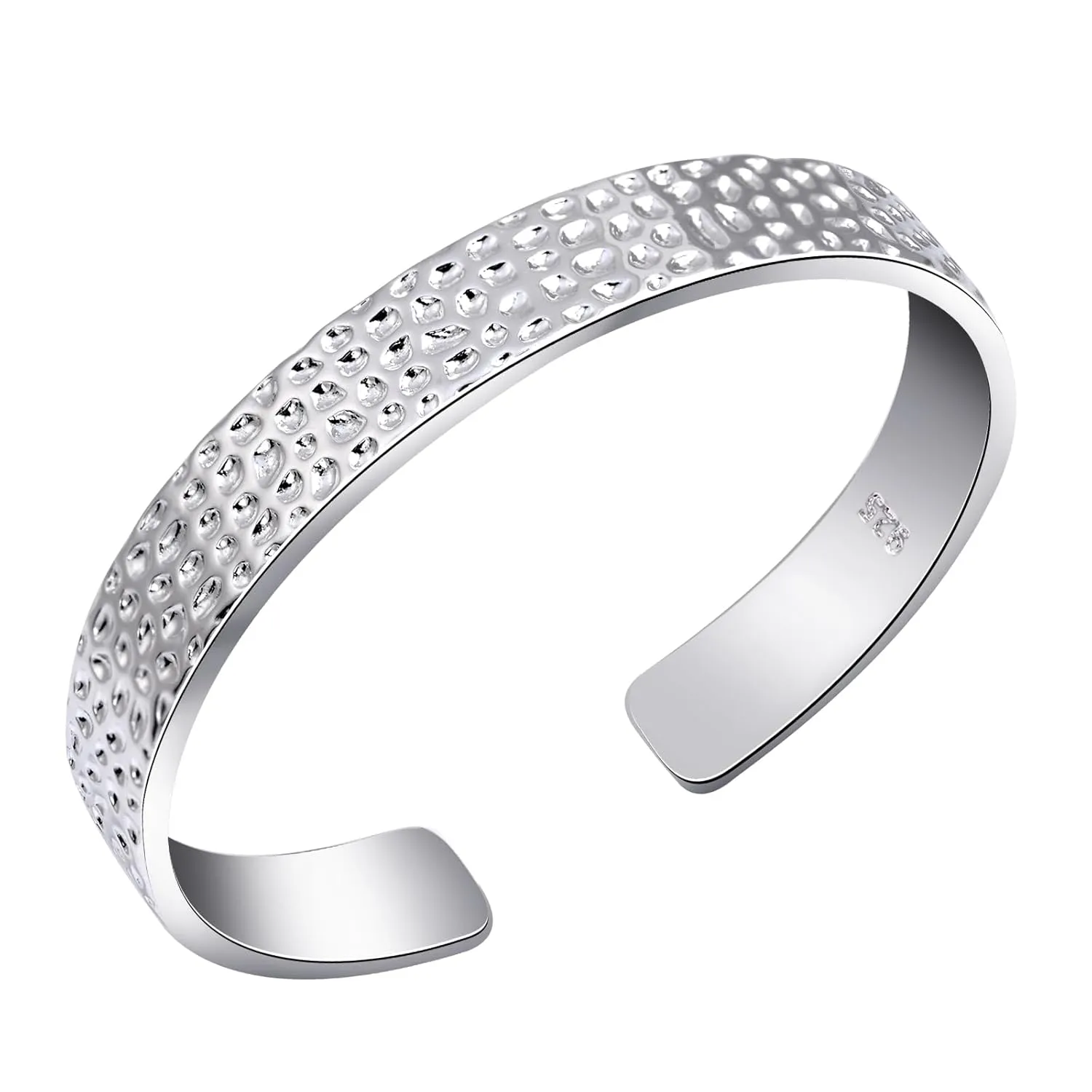 Handmade Hammered Cuff Bracelets 925 Sterling Silver Adjustable Open Bangle Bracelet Wide Irregular Hammer Striking Style Pattern Bangles for Women Men