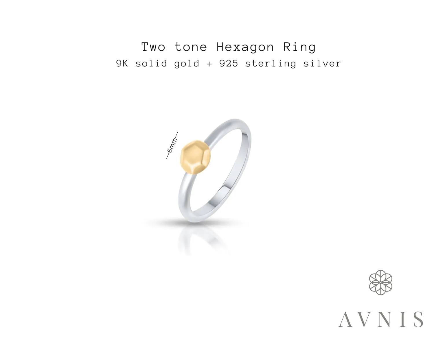 Hexagon Ring Solid Gold Ring Sterling Silver - Two Tone Vintage Ring - Mixed Metal Ring, Non Tarnish Gold Rings, Wedding Rings, Stackable Ring for Woman (8)