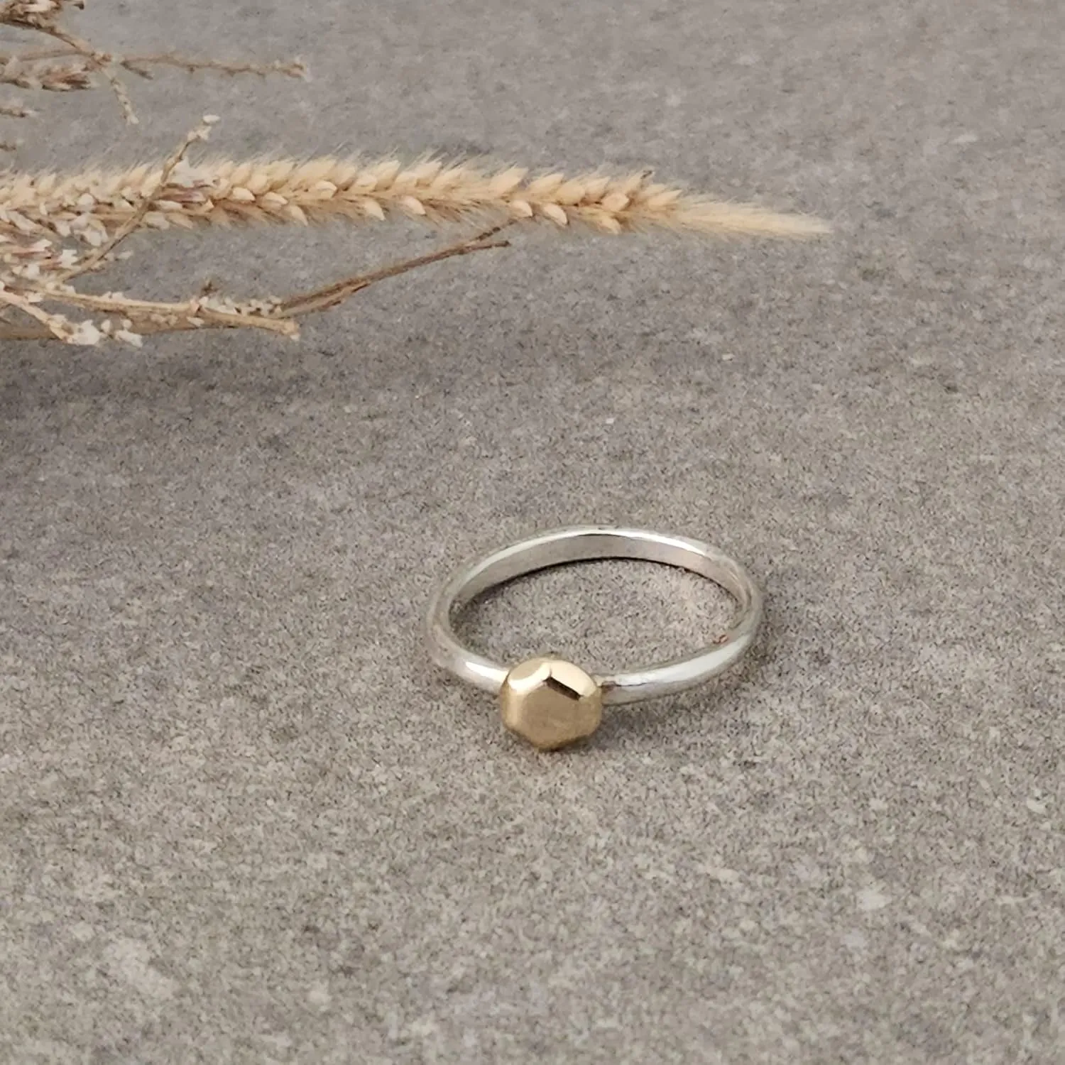 Hexagon Ring Solid Gold Ring Sterling Silver - Two Tone Vintage Ring - Mixed Metal Ring, Non Tarnish Gold Rings, Wedding Rings, Stackable Ring for Woman (8)