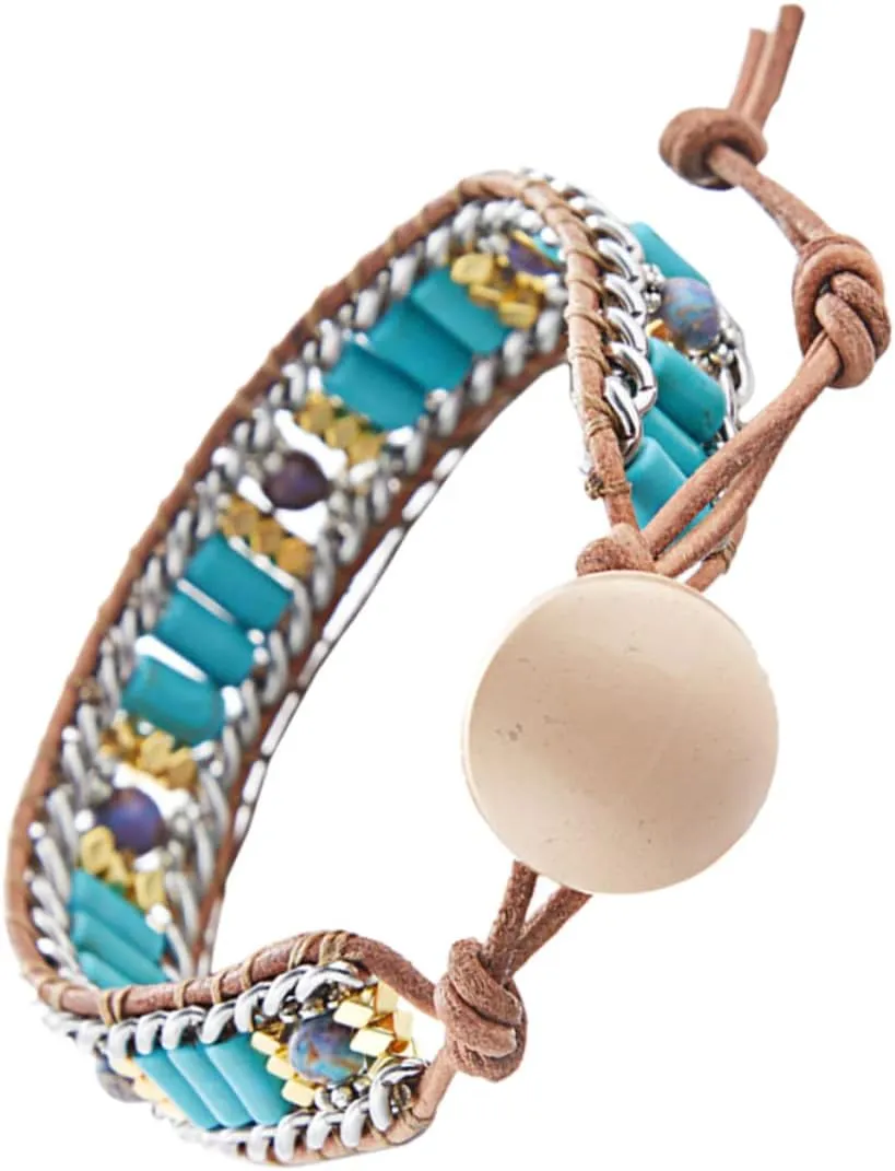 Homoyoyo Turquoise Bracelet for Women Ethnic Woven Bangle Natural Stones Chic Look Fashion Accessory