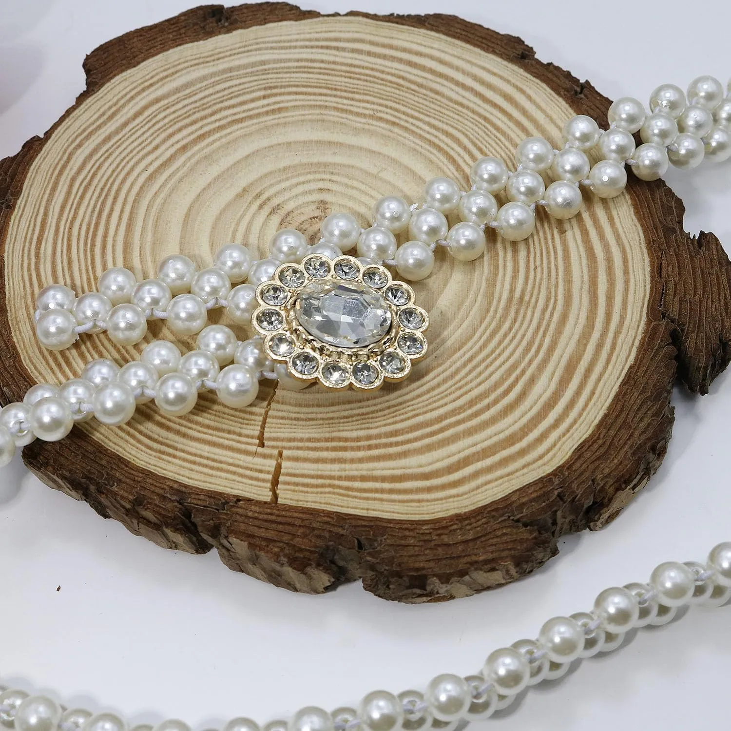 HSQYJ Pearl Elastic Chain Belt Adjustable Stretchy Metal Crystal Flower Buckle Waist Belt Western Body Jewelry for Women Girl
