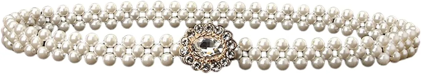 HSQYJ Pearl Elastic Chain Belt Adjustable Stretchy Metal Crystal Flower Buckle Waist Belt Western Body Jewelry for Women Girl