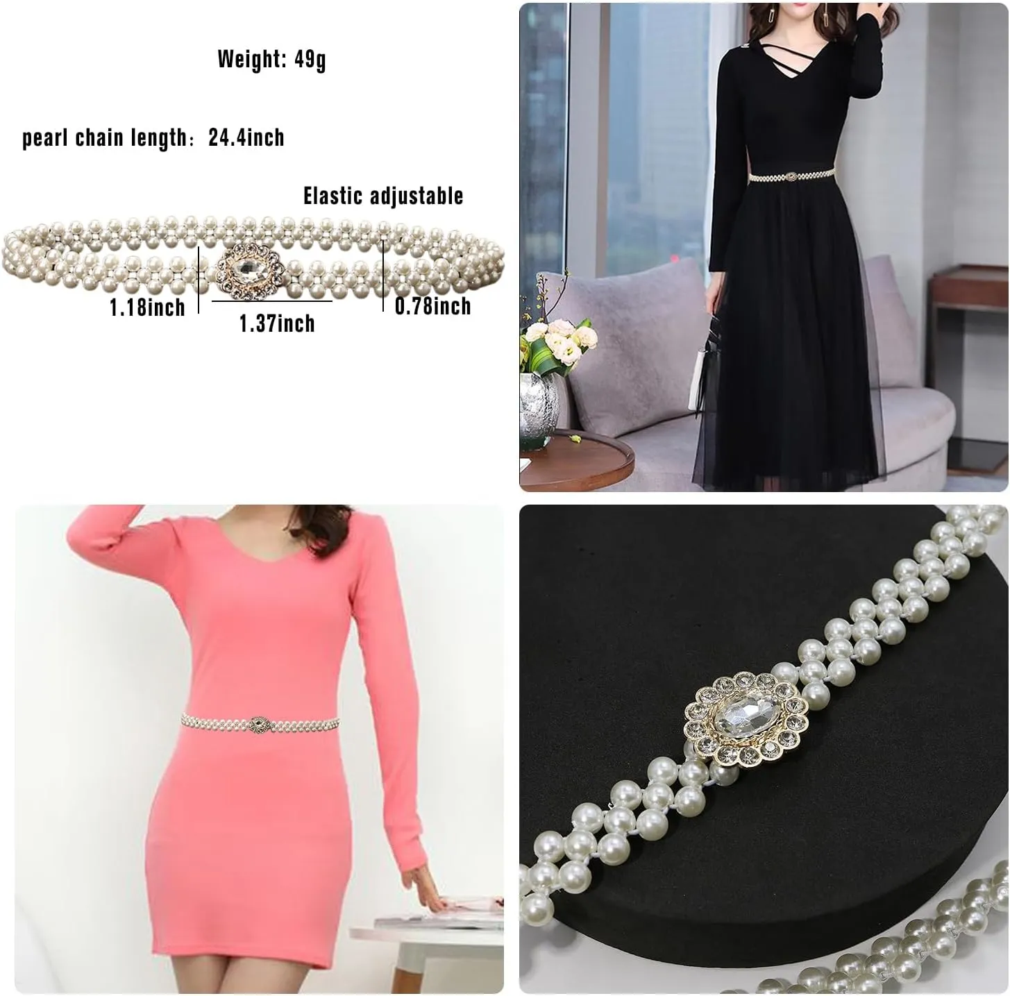 HSQYJ Pearl Elastic Chain Belt Adjustable Stretchy Metal Crystal Flower Buckle Waist Belt Western Body Jewelry for Women Girl