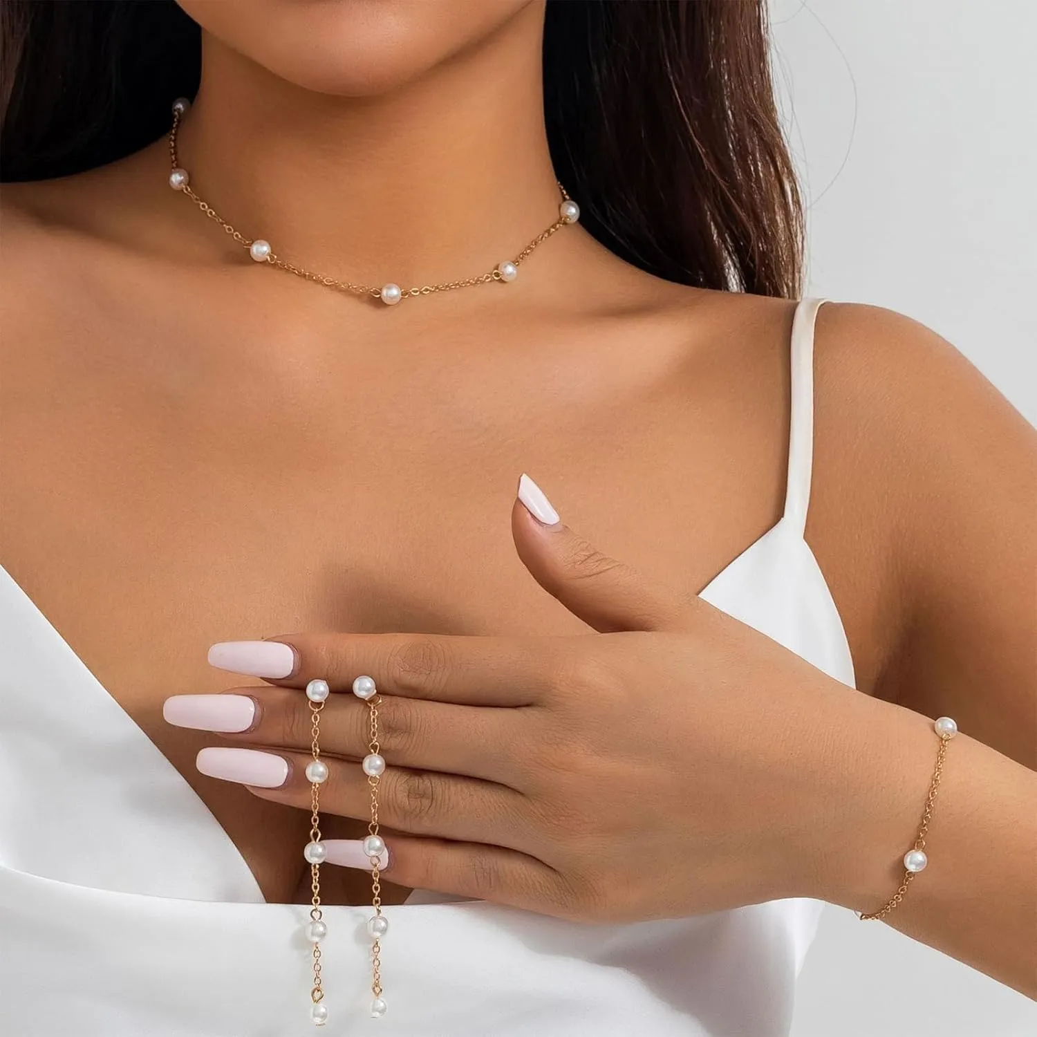 HUASAI Pearl Necklace and Earring Set Wedding Pearl Jewelry for Brides Bridesmaids Adjustable Pearl Choker Necklace Bracelet Pearl Drop Earrings Dainty Wedding Pearl Jewelry