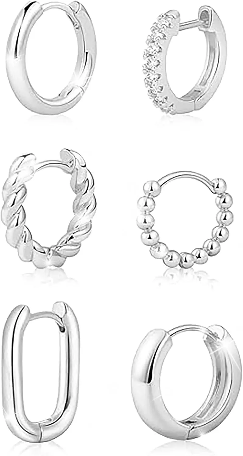 Hypoallergenic Hoop Earrings for Women 14k Silver Plated Huggie Hoops Set of 6 Pieces Lightweight Everyday Jewelry Gifts Small Simple Hoops with Secure Push Backs