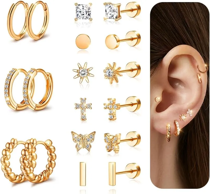 Hypoallergenic Surgical Steel Flat Back Earrings for Women Trendy 14K Gold Cartilage Earring Helix Conch Tragus Piercing Jewelry Earring Stacks Small Hoop Flatback Earrings Sets for Multiple Piercing