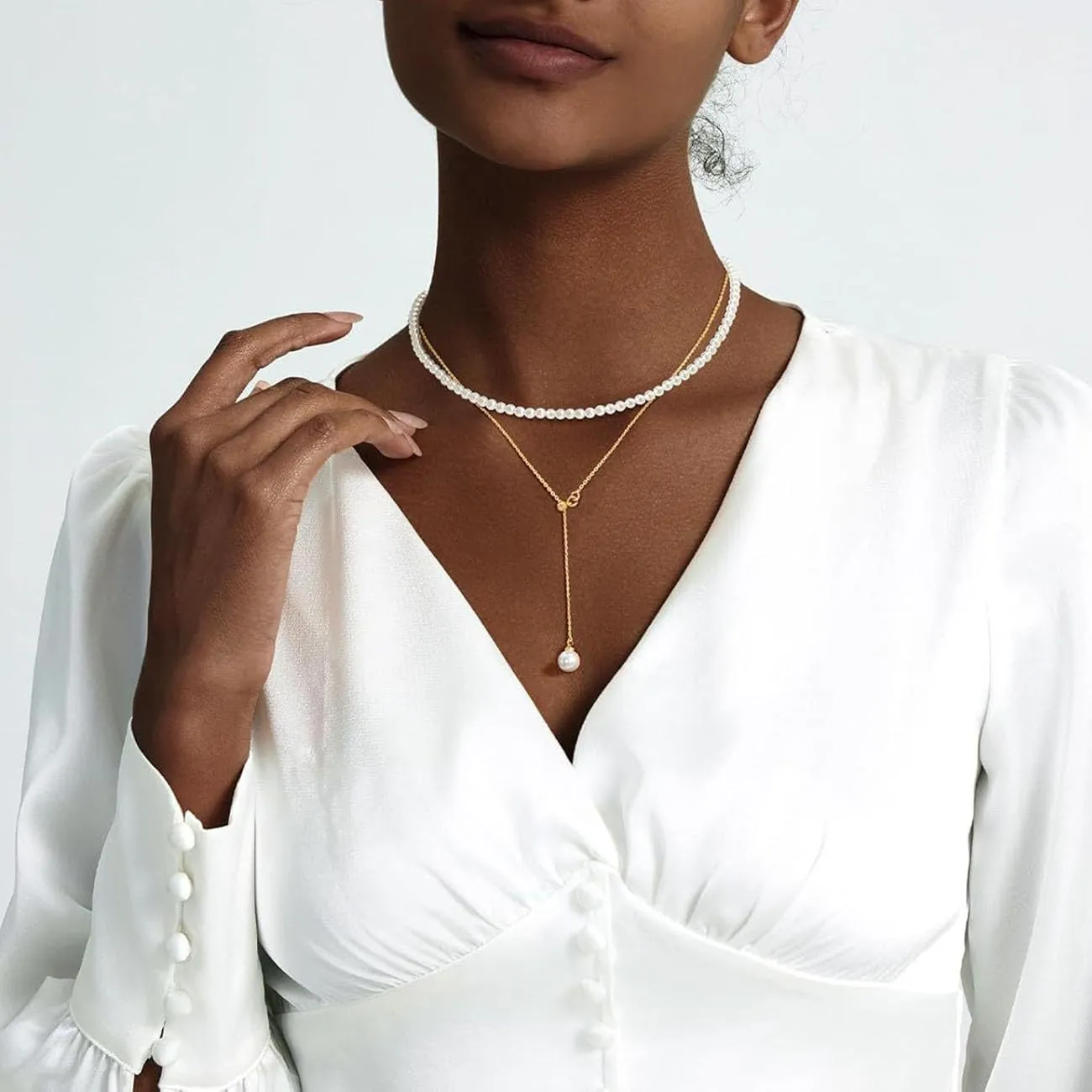 Imitation Pearl Necklace for Women Dainty Layered Y-Shaped Pearls Drop Necklaces Gold Choker Stack Set for Women Prom Wedding Jewelry