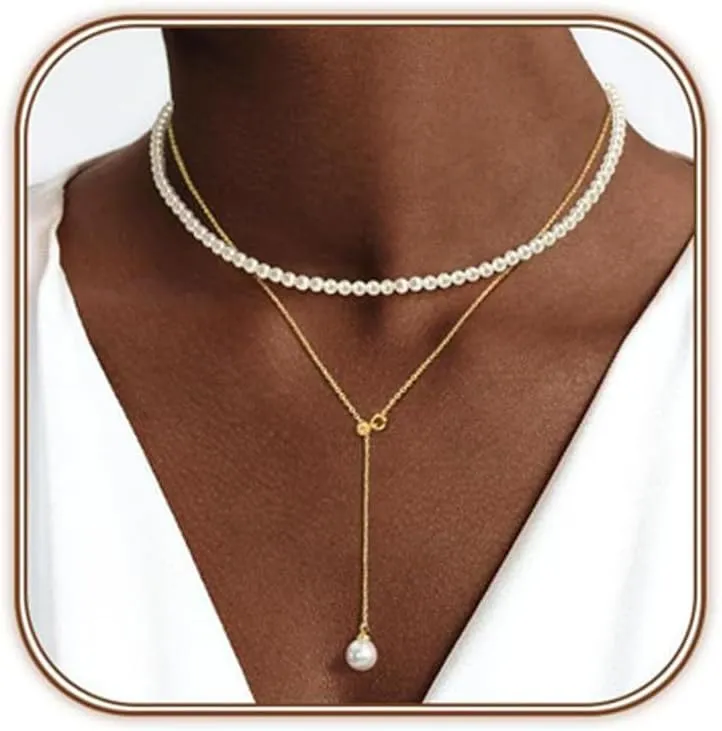 Imitation Pearl Necklace for Women Dainty Layered Y-Shaped Pearls Drop Necklaces Gold Choker Stack Set for Women Prom Wedding Jewelry