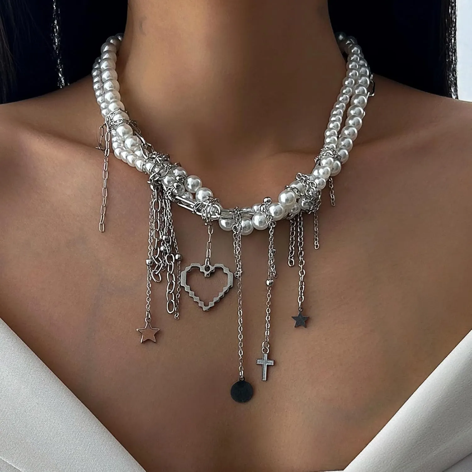 Imitation Pearl Necklaces for Women Multilayer Pearls Necklace Stack Star Love Heart Tassel Link Pendant Choker Necklace Summer Beach Fashion Jewelry Accessories for Women Wedding Party