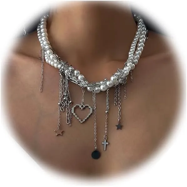 Imitation Pearl Necklaces for Women Multilayer Pearls Necklace Stack Star Love Heart Tassel Link Pendant Choker Necklace Summer Beach Fashion Jewelry Accessories for Women Wedding Party