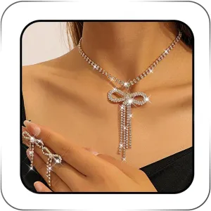 JEAIRTS Rhinestone Bow Jewelry Set Sparkly Bowknot Necklace and Earrings Crystal Prom Jewelry Sets for Women