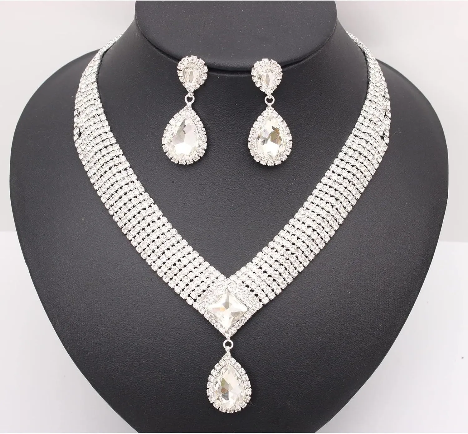 Jewelry Set for Women, Rhinestone Tiara Crown Necklace Dangle Earrings Bangle Bracelet Ring, White/KC Gold Plated Jewelry Set with Rhinestone Wedding Party Jewelry for Bridal Bridesmaid