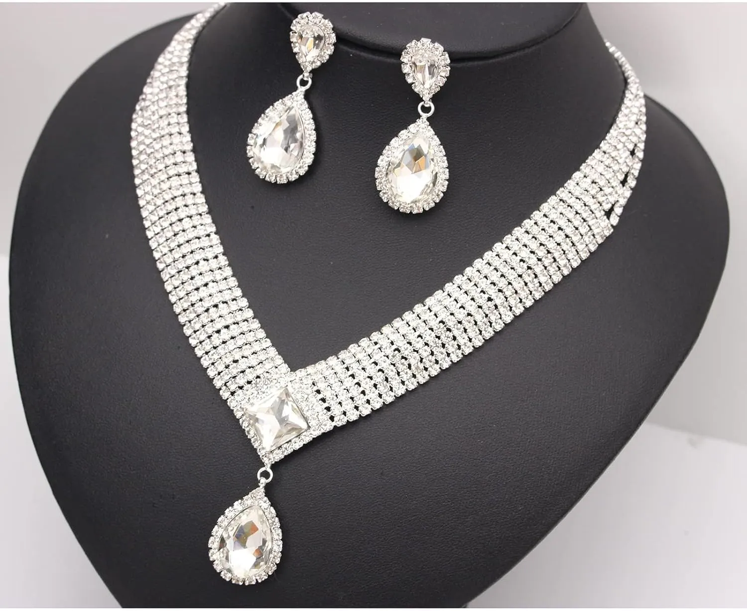 Jewelry Set for Women, Rhinestone Tiara Crown Necklace Dangle Earrings Bangle Bracelet Ring, White/KC Gold Plated Jewelry Set with Rhinestone Wedding Party Jewelry for Bridal Bridesmaid