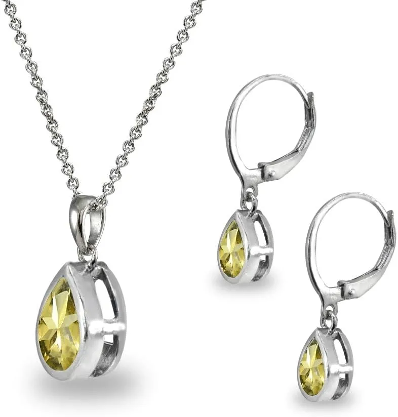 Jewelry Sets for Women, Necklace and Earring Set for Women, Birthstone Jewelry, Genuine or Synthetic Gems, Teardrop Bezel, Pendant Necklace, Short Necklace, Dangle Earrings, Sterling Silver Jewelry