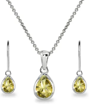 Jewelry Sets for Women, Necklace and Earring Set for Women, Birthstone Jewelry, Genuine or Synthetic Gems, Teardrop Bezel, Pendant Necklace, Short Necklace, Dangle Earrings, Sterling Silver Jewelry