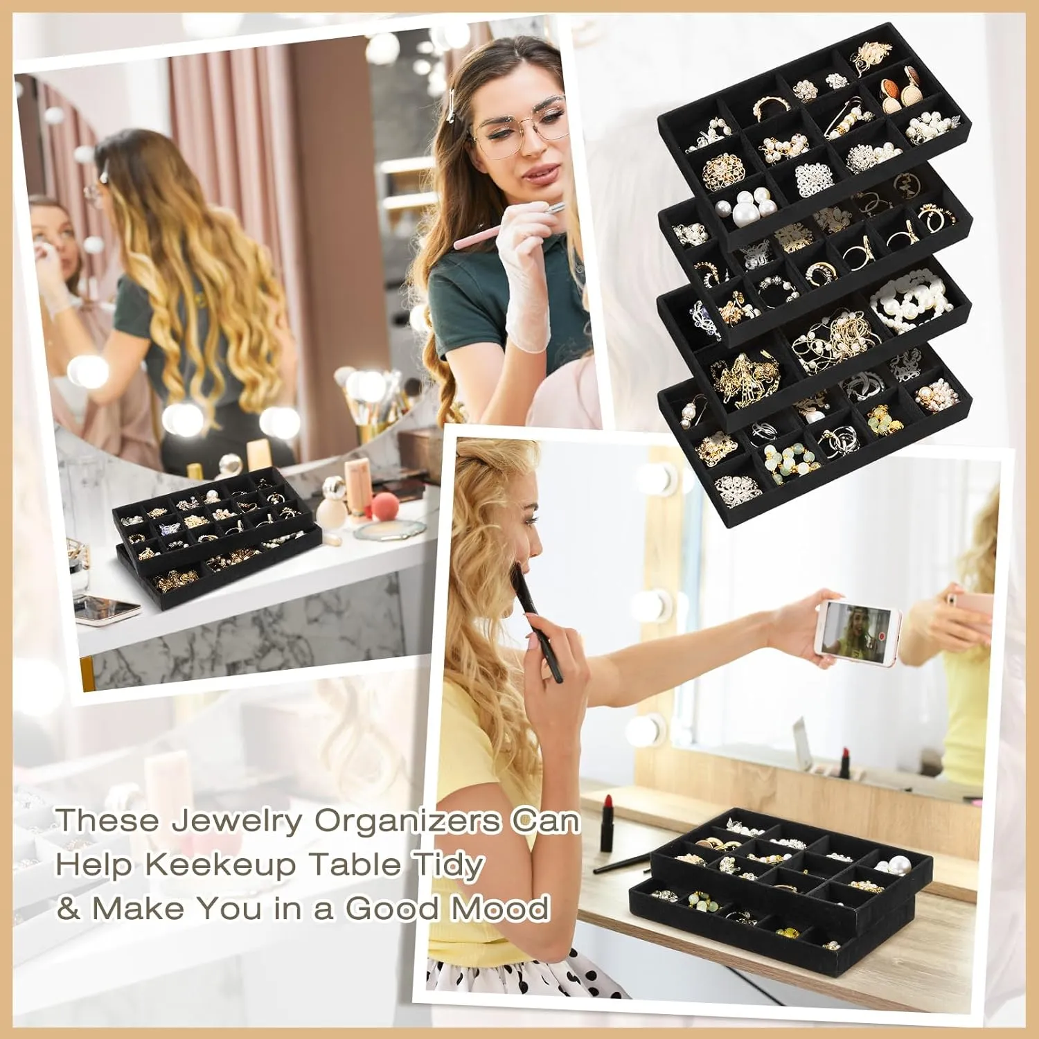 Junkin 12 Pcs Jewelry Tray Velvet Stackable Jewelry Organizer Trays Divided Earring Accessories Storage Containers Box
