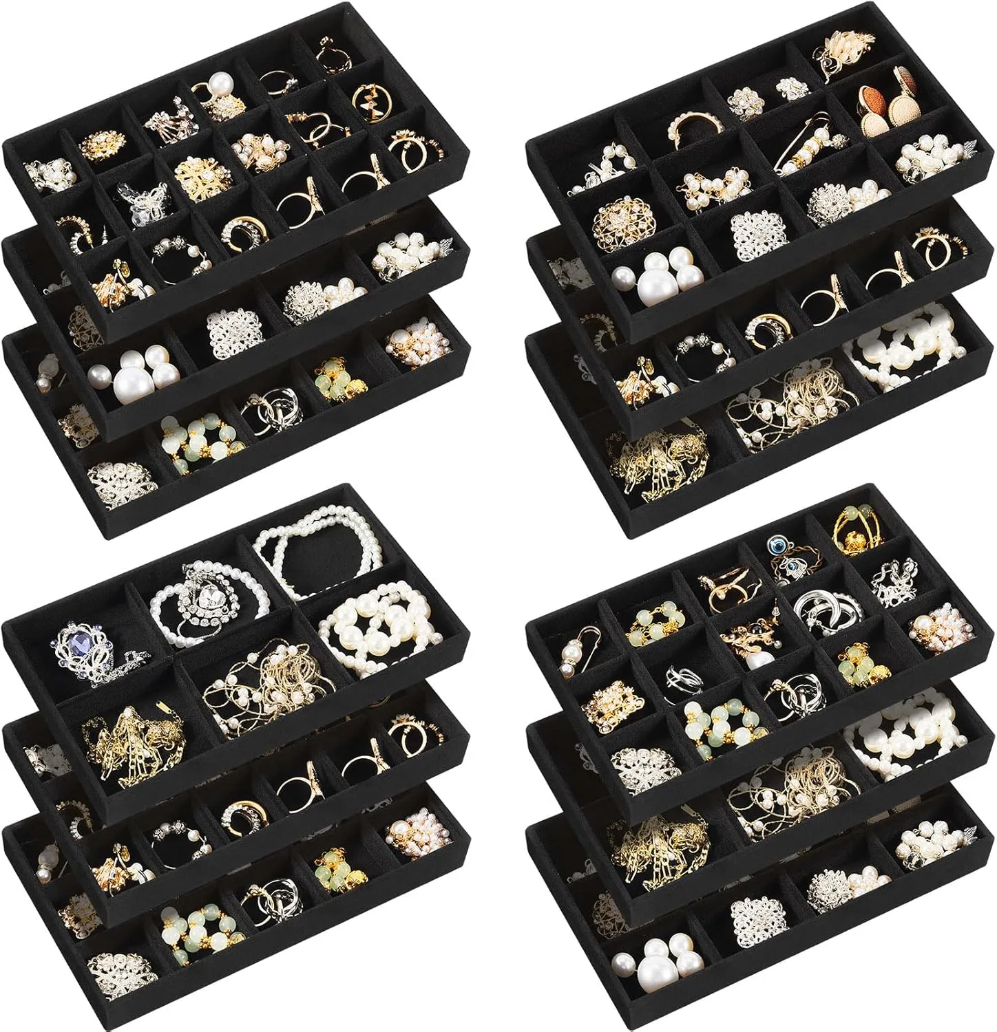 Junkin 12 Pcs Jewelry Tray Velvet Stackable Jewelry Organizer Trays Divided Earring Accessories Storage Containers Box