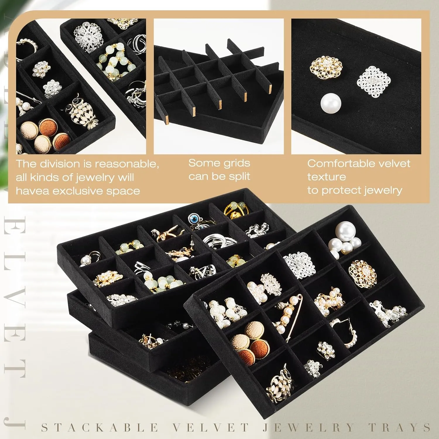 Junkin 12 Pcs Jewelry Tray Velvet Stackable Jewelry Organizer Trays Divided Earring Accessories Storage Containers Box
