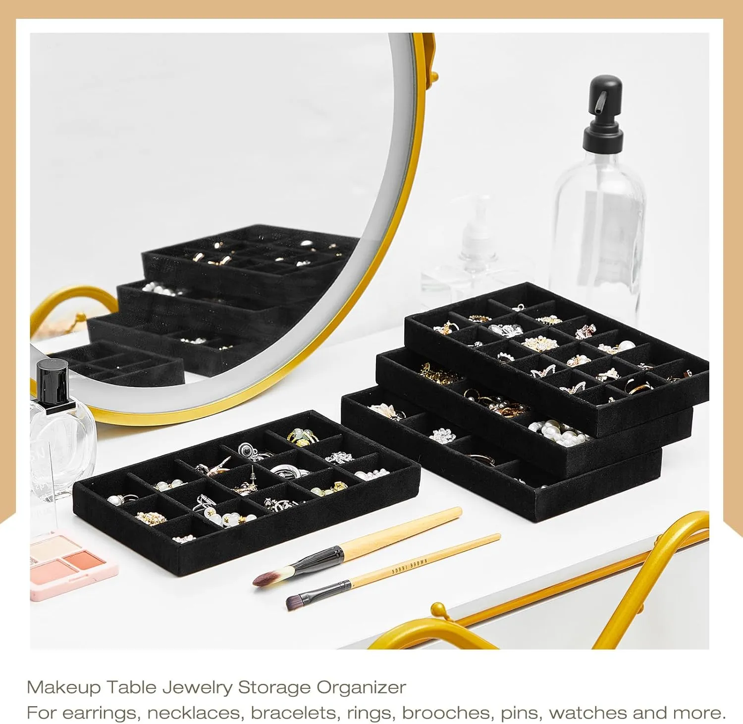 Junkin 12 Pcs Jewelry Tray Velvet Stackable Jewelry Organizer Trays Divided Earring Accessories Storage Containers Box