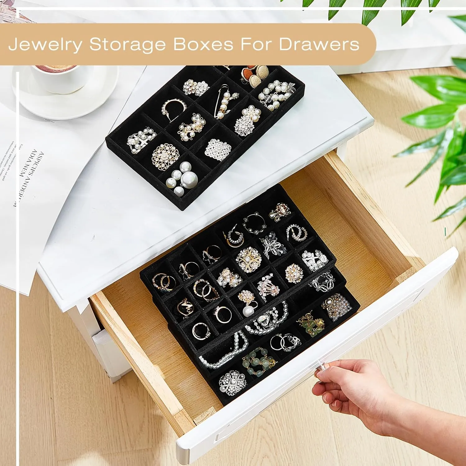 Junkin 12 Pcs Jewelry Tray Velvet Stackable Jewelry Organizer Trays Divided Earring Accessories Storage Containers Box