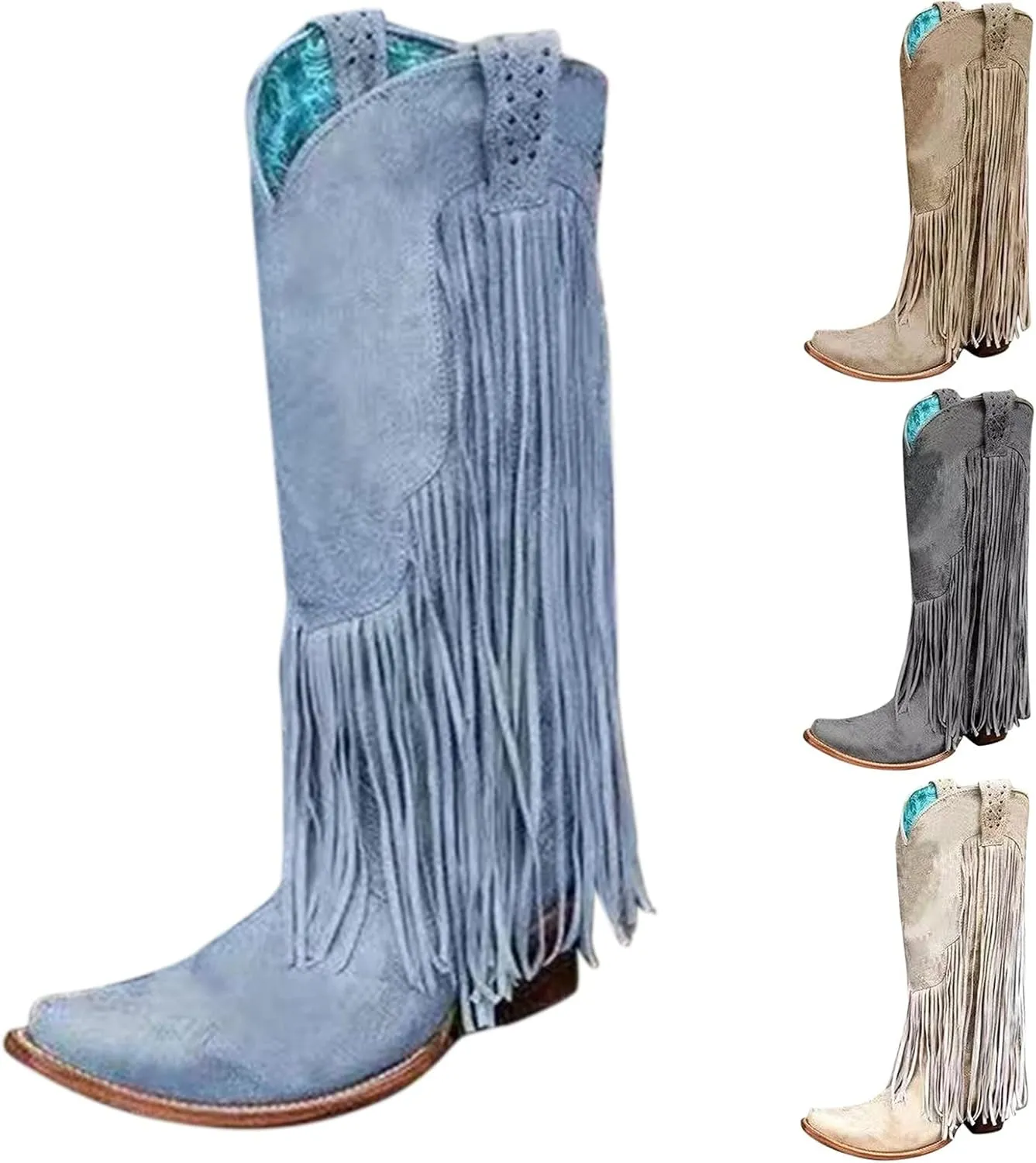 Knee High Cowboy Boots Women Cowgirl Boots Women Western Fringe Tassel Chunky Heels Pointed Toe Slip on Women Boots