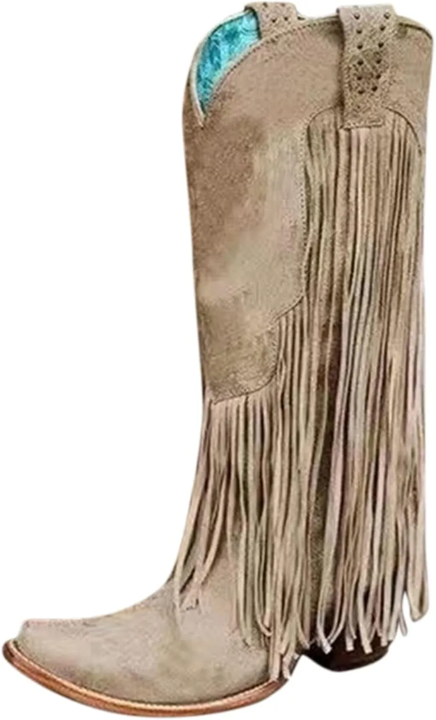 Knee High Cowboy Boots Women Cowgirl Boots Women Western Fringe Tassel Chunky Heels Pointed Toe Slip on Women Boots