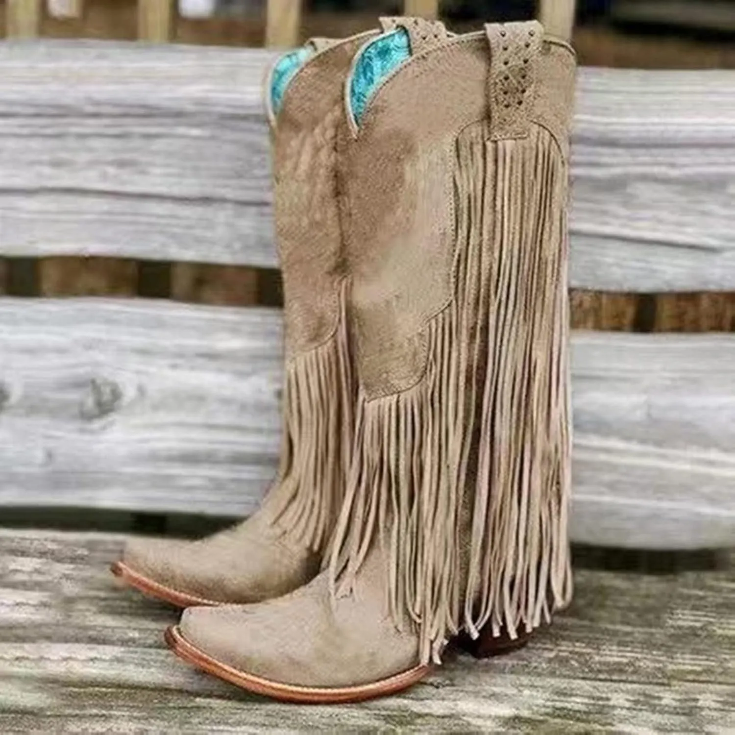 Knee High Cowboy Boots Women Cowgirl Boots Women Western Fringe Tassel Chunky Heels Pointed Toe Slip on Women Boots