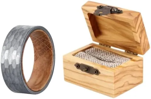 KoveBands Silver Hammered Tungsten Ring with Whiskey Barrel Wood Inlay - 8mm Wide Band - Includes Olive Wood Ring box