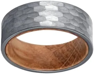 KoveBands Silver Hammered Tungsten Ring with Whiskey Barrel Wood Inlay - 8mm Wide Band - Includes Olive Wood Ring box