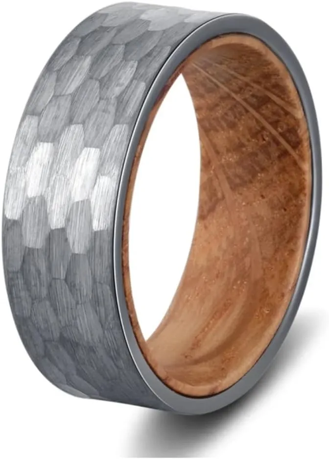 KoveBands Silver Hammered Tungsten Ring with Whiskey Barrel Wood Inlay - 8mm Wide Band - Includes Olive Wood Ring box