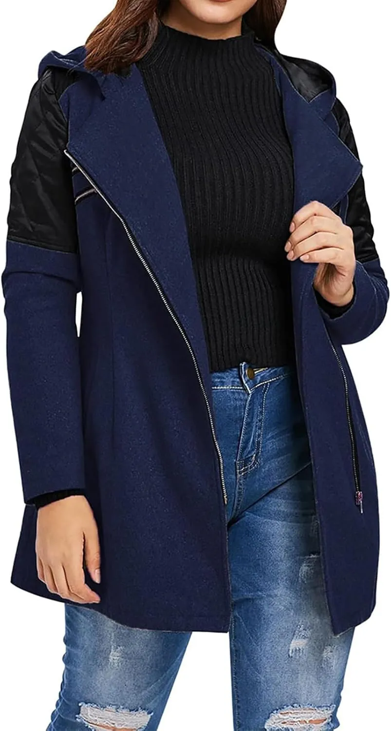 Kubbon Women Wool Blend Jacket Oversized Zip Up Long Sleeve Pea Coat Elegant Lapel Open Front Trench Coat with Pockets