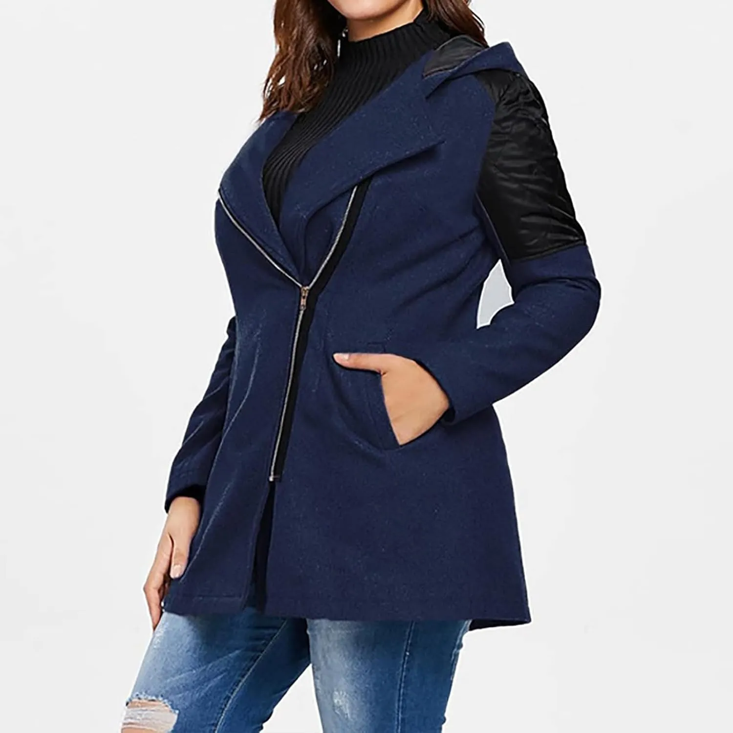 Kubbon Women Wool Blend Jacket Oversized Zip Up Long Sleeve Pea Coat Elegant Lapel Open Front Trench Coat with Pockets