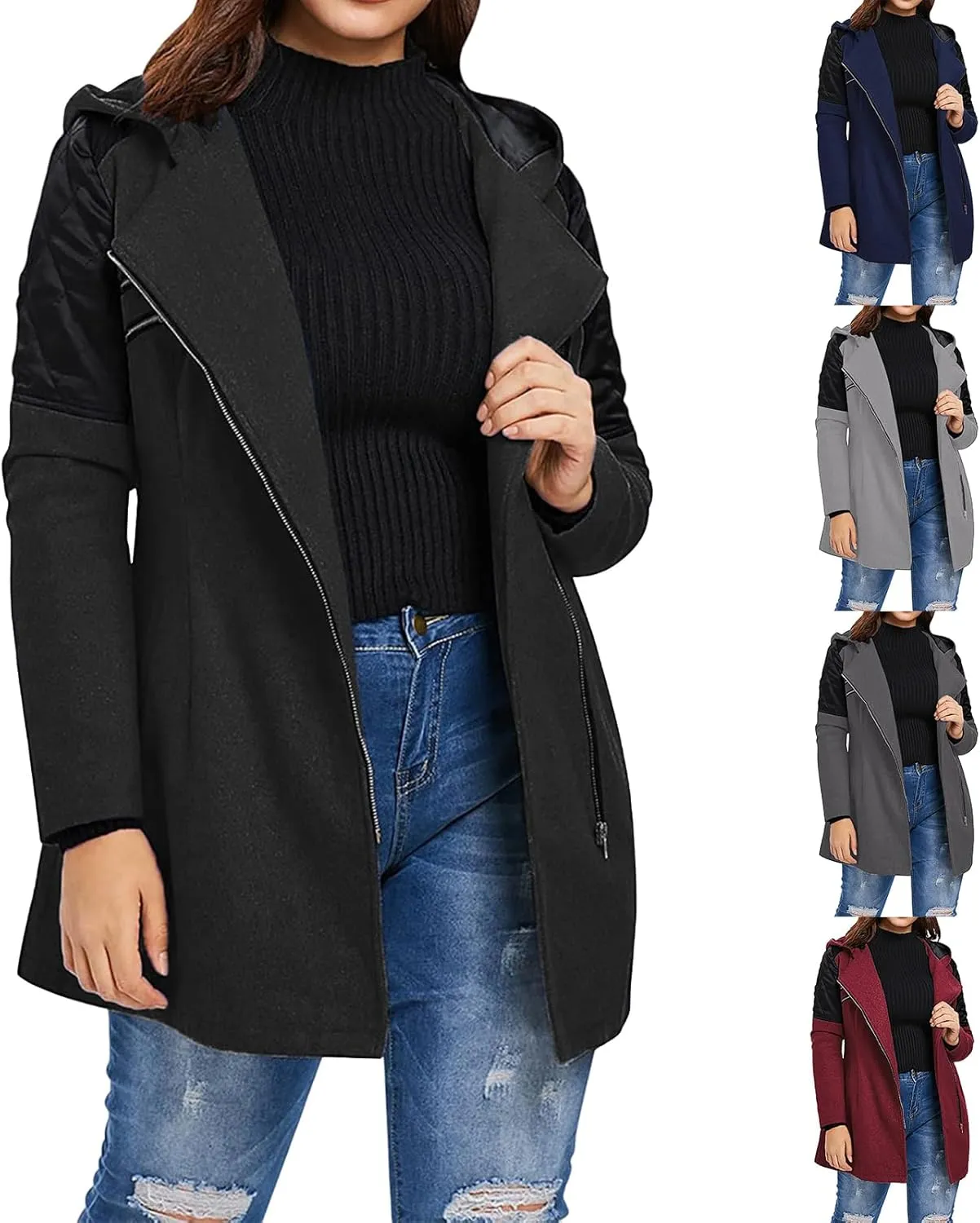 Kubbon Women Wool Blend Jacket Oversized Zip Up Long Sleeve Pea Coat Elegant Lapel Open Front Trench Coat with Pockets